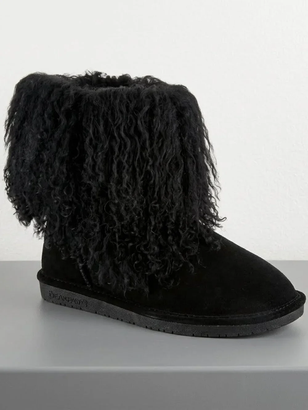 Bearpaw Boo Black Shearling Wool Lined Curly Lamb Fur Sherpa Boho Boots Sz 8 NEW